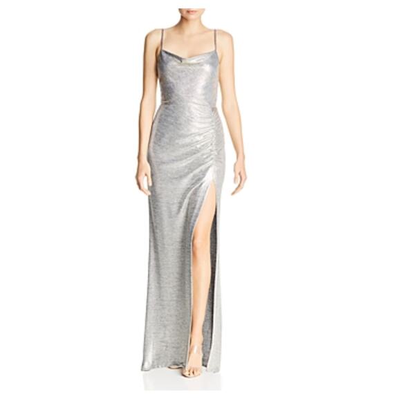 Avery G Light Gold Metallic Evening Gown Size 8 Sleeveless Thigh Slit Formal - Picture 12 of 14